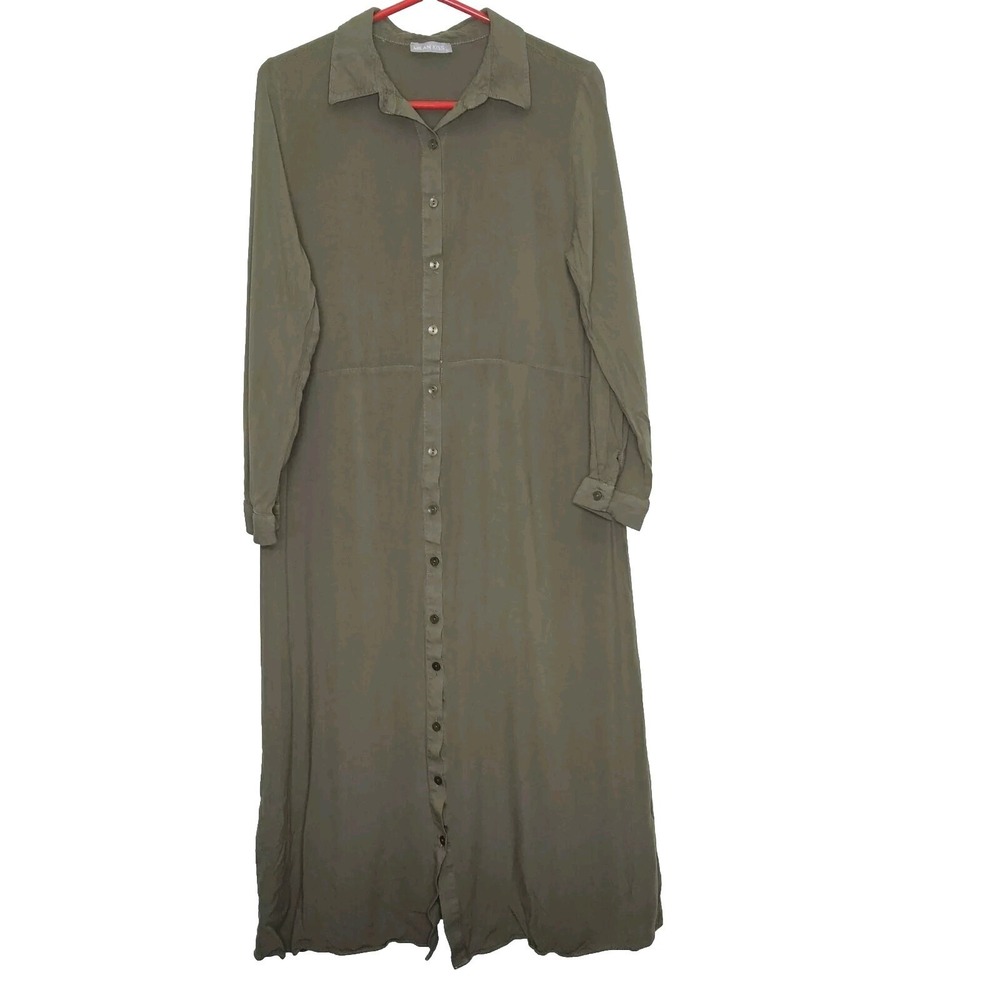 MILAN KISS Olive Green Button Front Long Sleeve Maxi Shirt Dress Size‎ L